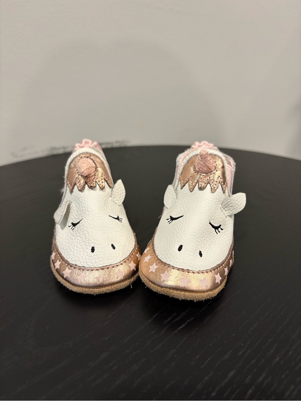 Robeez Girls' White & Rose Gold Unicorn Slip-On Kids Shoes